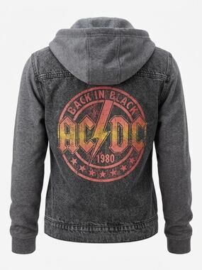 AC/DC Back in Black Vintage 1980 Hooded Denim Jacket Size Medium Black & Grey